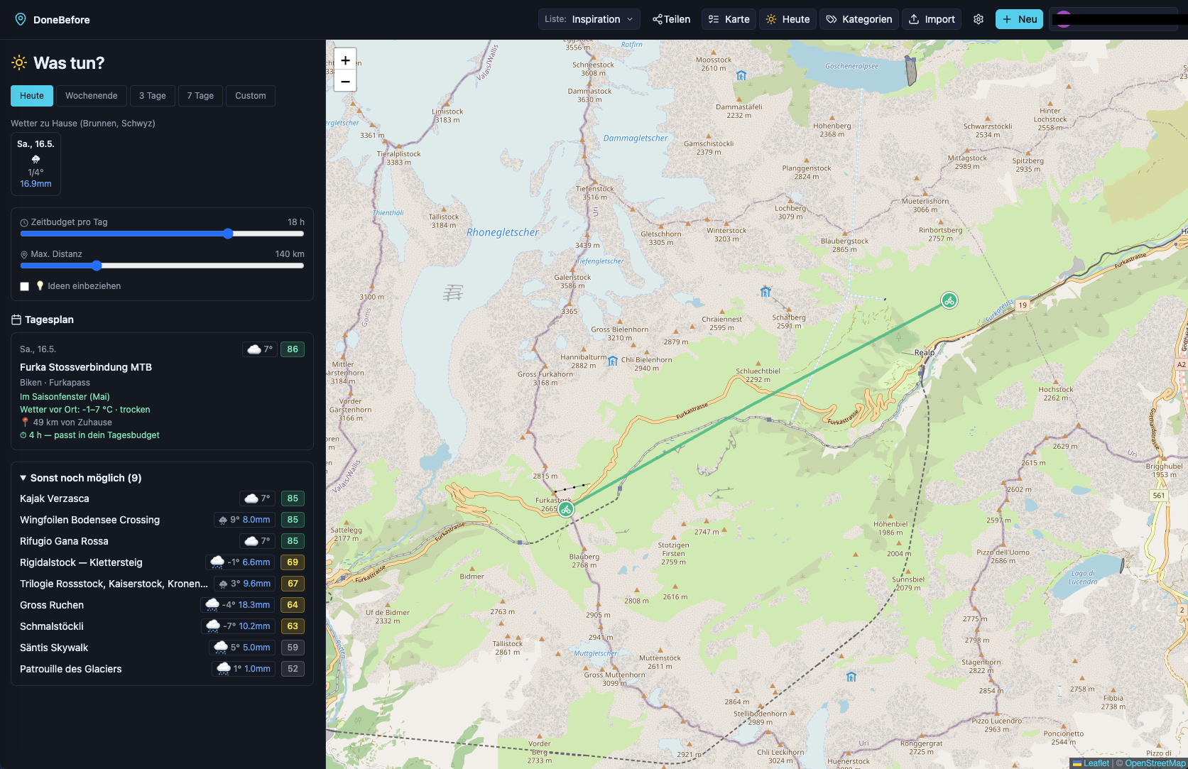 DoneBefore Was-tun-Planer mit Wettervorhersage, Tagesplan und Topo-Karte
