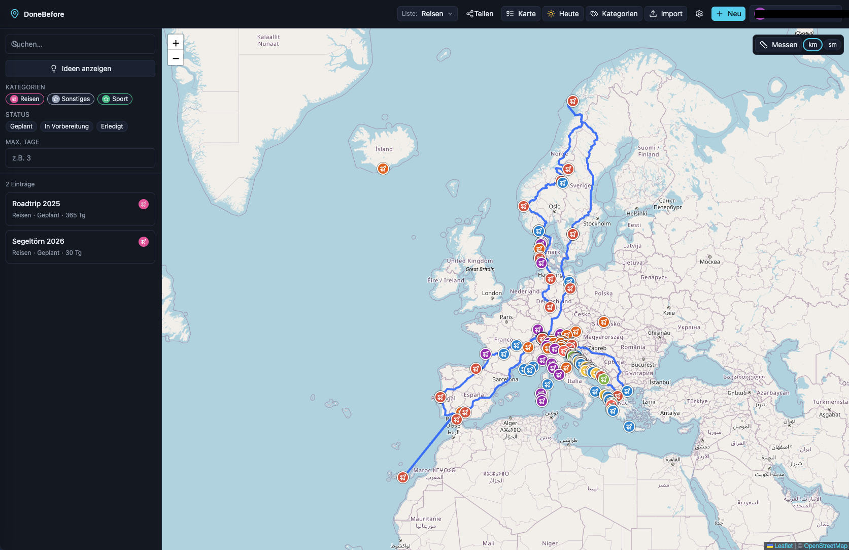 Mehrtages-Reiserouten Roadtrip 2025 und Segeltörn 2026 über Europa in DoneBefore